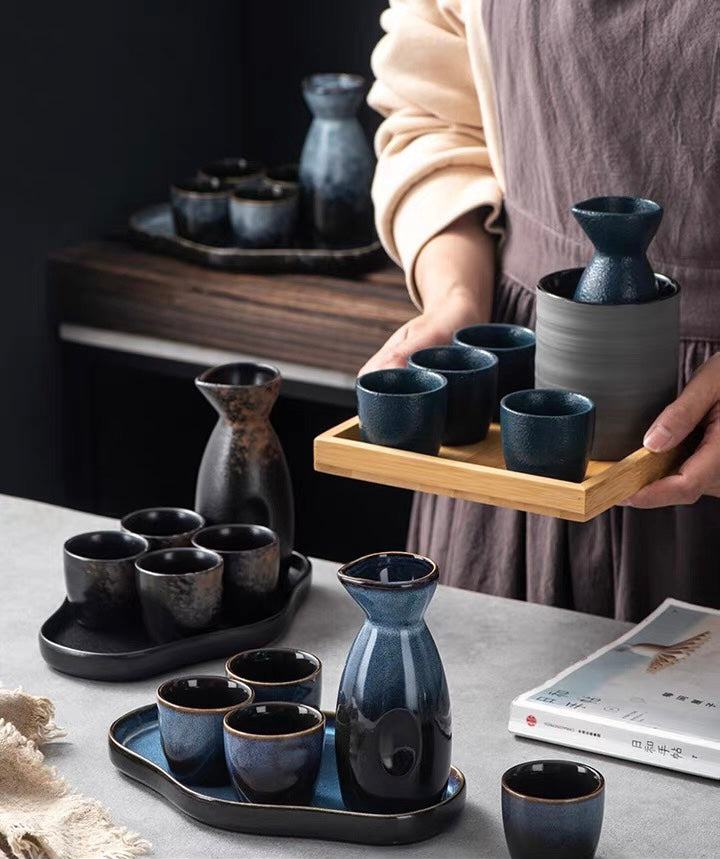 日本清酒酒具陶瓷套装（7件）-大理石灰